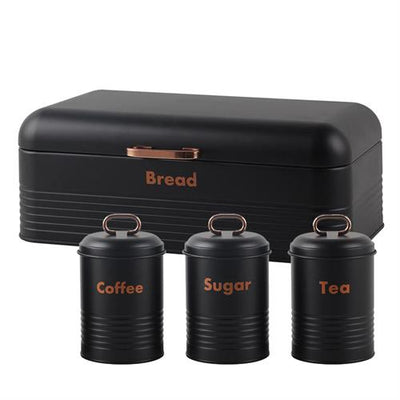 Totally 4 Piece Breadbin And Canister Tin Set Combo Black