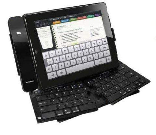 Promate Mirage iPad Ergonomic Bluetooth™ Keyboard Stand with Phone Handset,An ultra-slim phone handset adds up to its rich features which also has its own holder to set the handset in place - TechTic