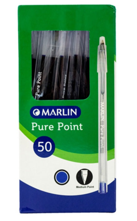 Marlin Pure Point Transparent Pens Box Of 50 Blue