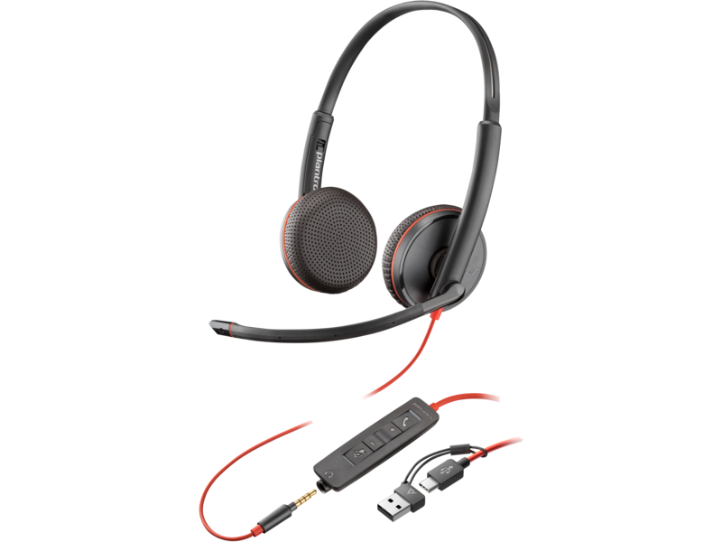 POLY BLACKWIRE 3225 STEREO USB-C HEADSET +3.5MM PLUG +USB-C/A ADAPTER