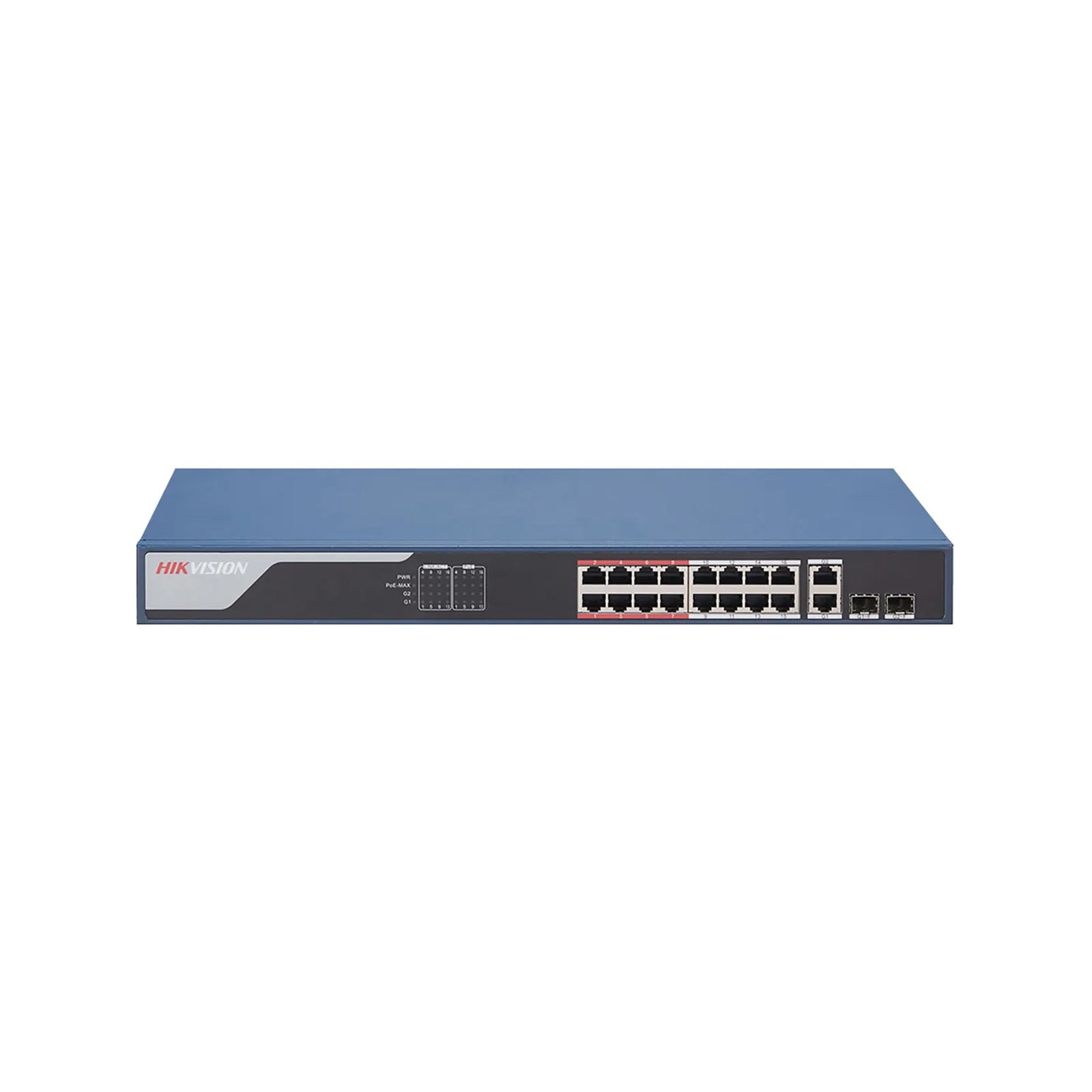 Hikvision L2  Smart Managed Switch  16 10/100M RJ45 PoE ports  2 Gigabit combo ports  802.3af/at  PoE power budget 230W  Max. 300 meter long distance PoE transmission