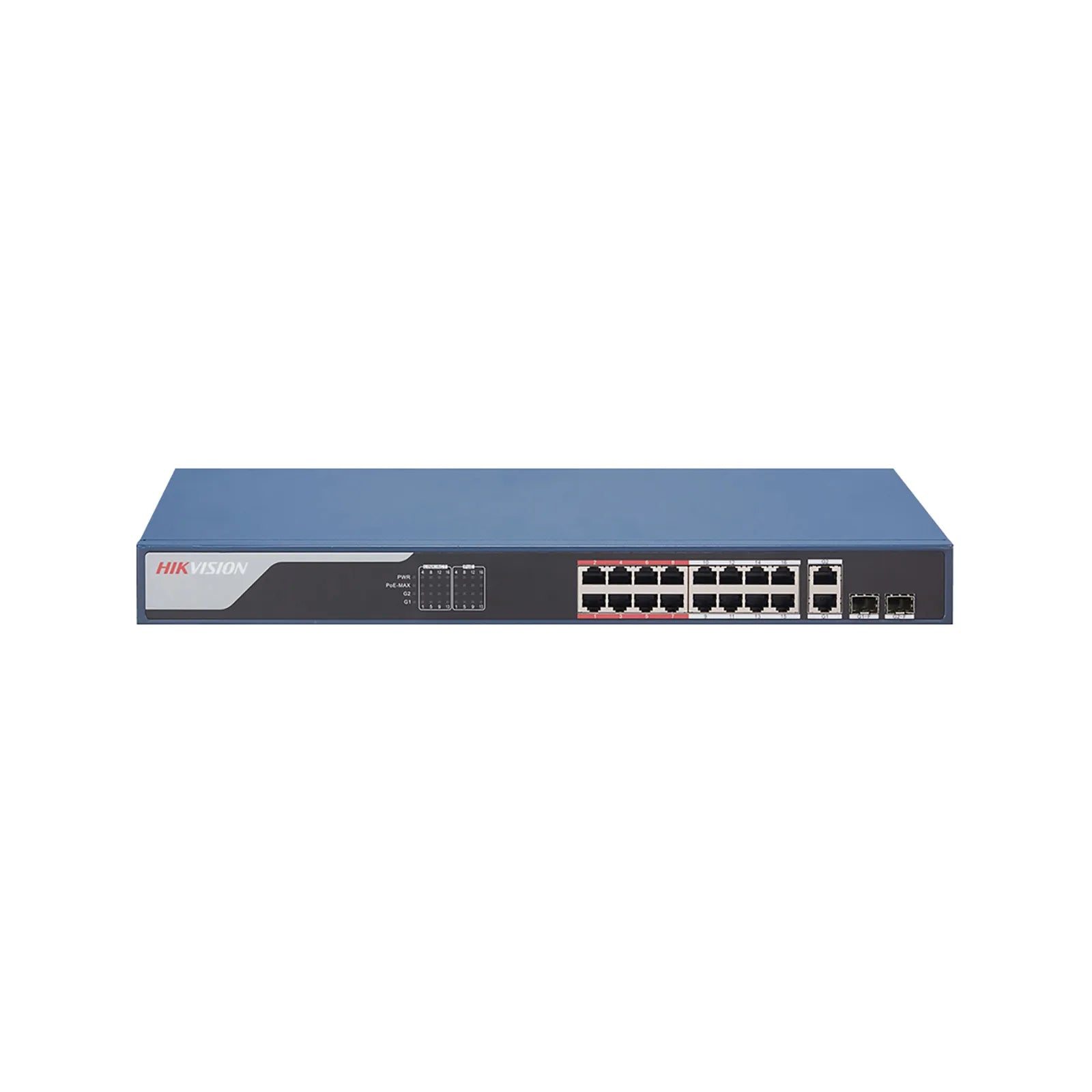 Hikvision L2  Smart Managed Switch  16 10/100M RJ45 PoE ports  2 Gigabit combo ports  802.3af/at  PoE power budget 230W  Max. 300 meter long distance PoE transmission
