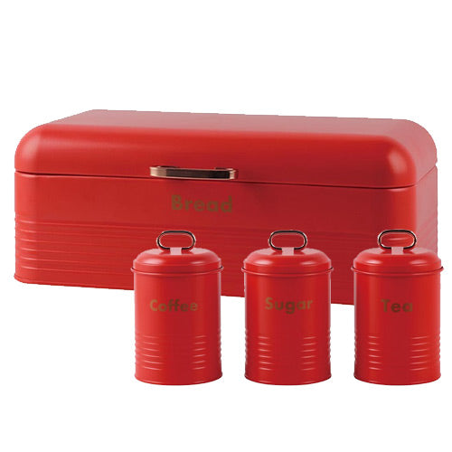 Totally 4-PIECE Retro Breadbin And Canister Tin Set Combo Red