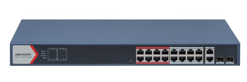 Hikvision L2 Smart Managed Switch 16 10/100M RJ45 POE Ports 2 Gigabit Combo Ports 802.3AF/AT POE Power Budget 230W Max. 300 Meter Long Distance POE T