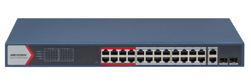 Hikvision L2 Smart Managed Switch 24 10/100M RJ45 POE Ports 2 Gigabit Combo Ports 802.3AF/AT POE Power Budget 370W Max. 300 Meter Long Distance POE T