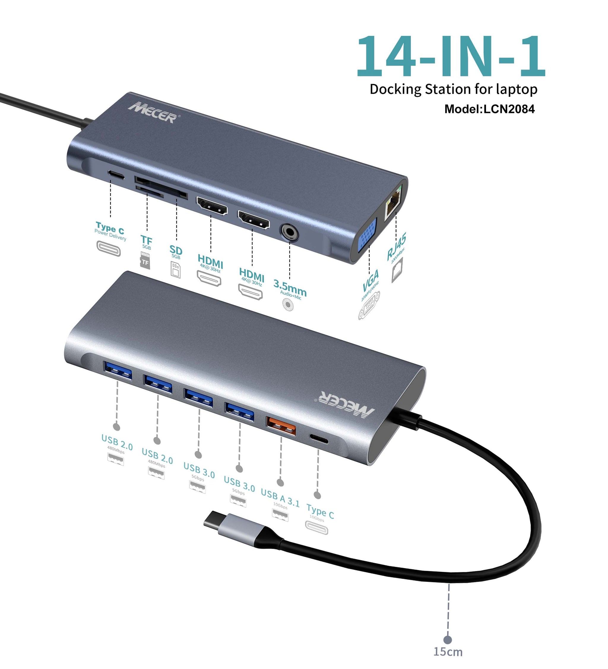 Mecer 14 IN1 Type C Universal Docking Station W/ VGA X1/ HDMI X2/ USB3.0 X3 USB2.0 X2 Tf&sd/ RJ45 X1/ Audio Jack X1/PD Support 100W & Data/ Cable Len