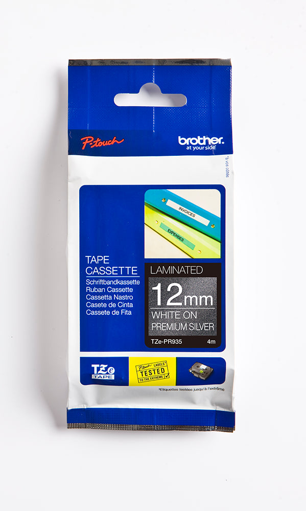 Brother 12MM White On Premium Silver Tape 4M