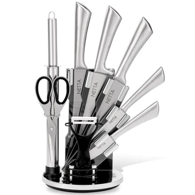 Totally High Quality Silver Silver Knife Set With Rotating Stand - 9 Piece
