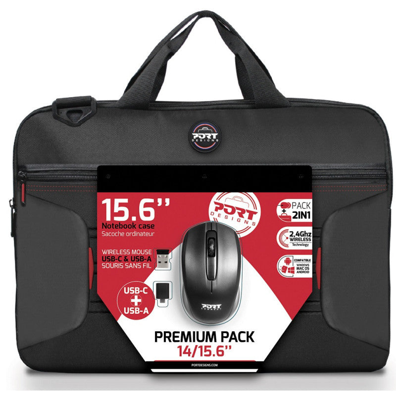 Port Premium Pack 14/15.6" Toploader Bag With Wireless Mouse Bundle