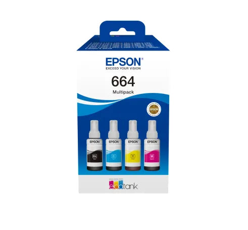 Epson Consumables Epson T664 Ecotank Multipack Ink Bottle (70ML Per Bottle). Black 4000 Pages @ 5% Coverage & Colour 7500 Pages Each @ 5% Coverage