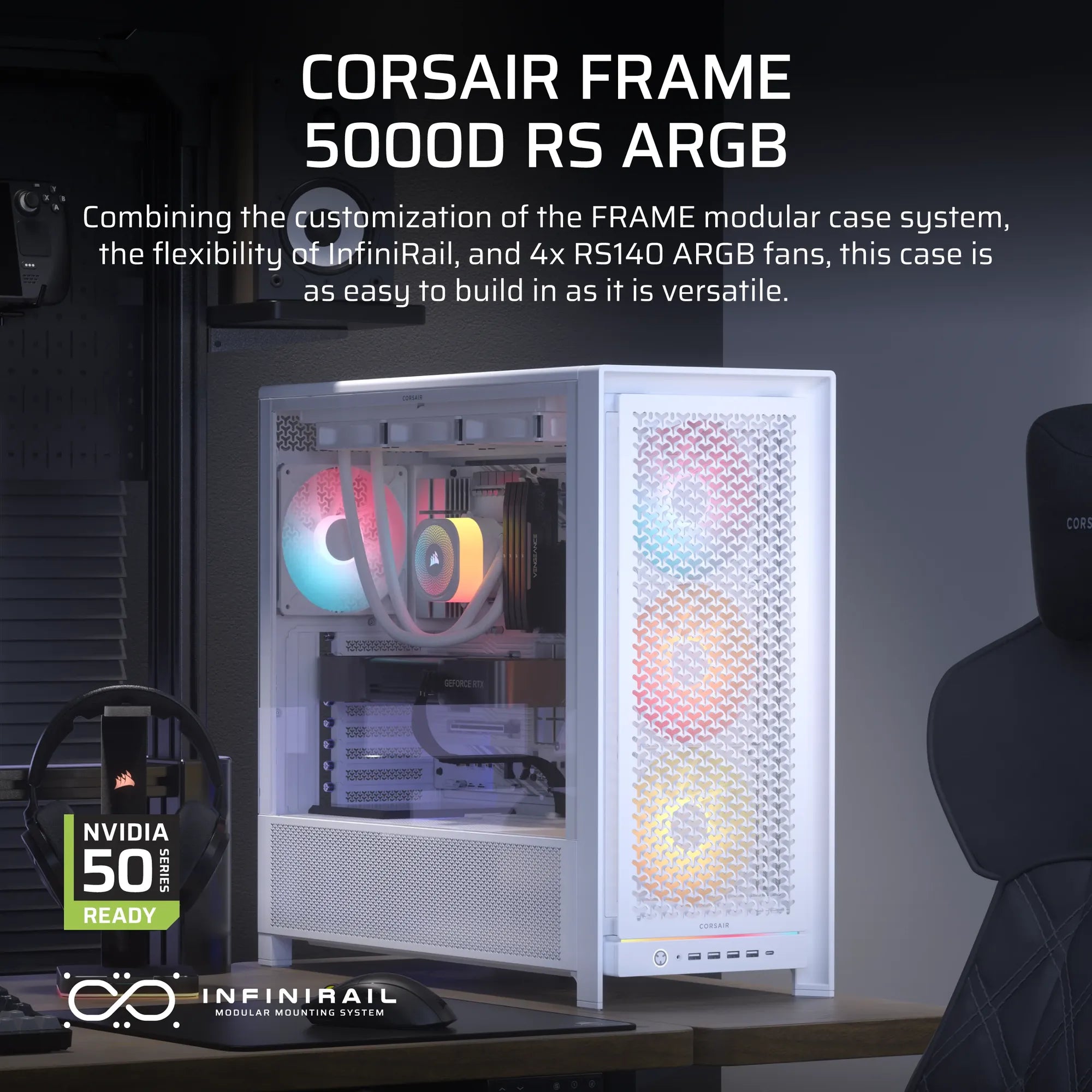 Corsair Frame 5000D ARGB RS Mid-Tower PC Case; 4X 4X RS140 ARGB Fans; 2X 2.5'' ; 1X 3.5'' ; White.
