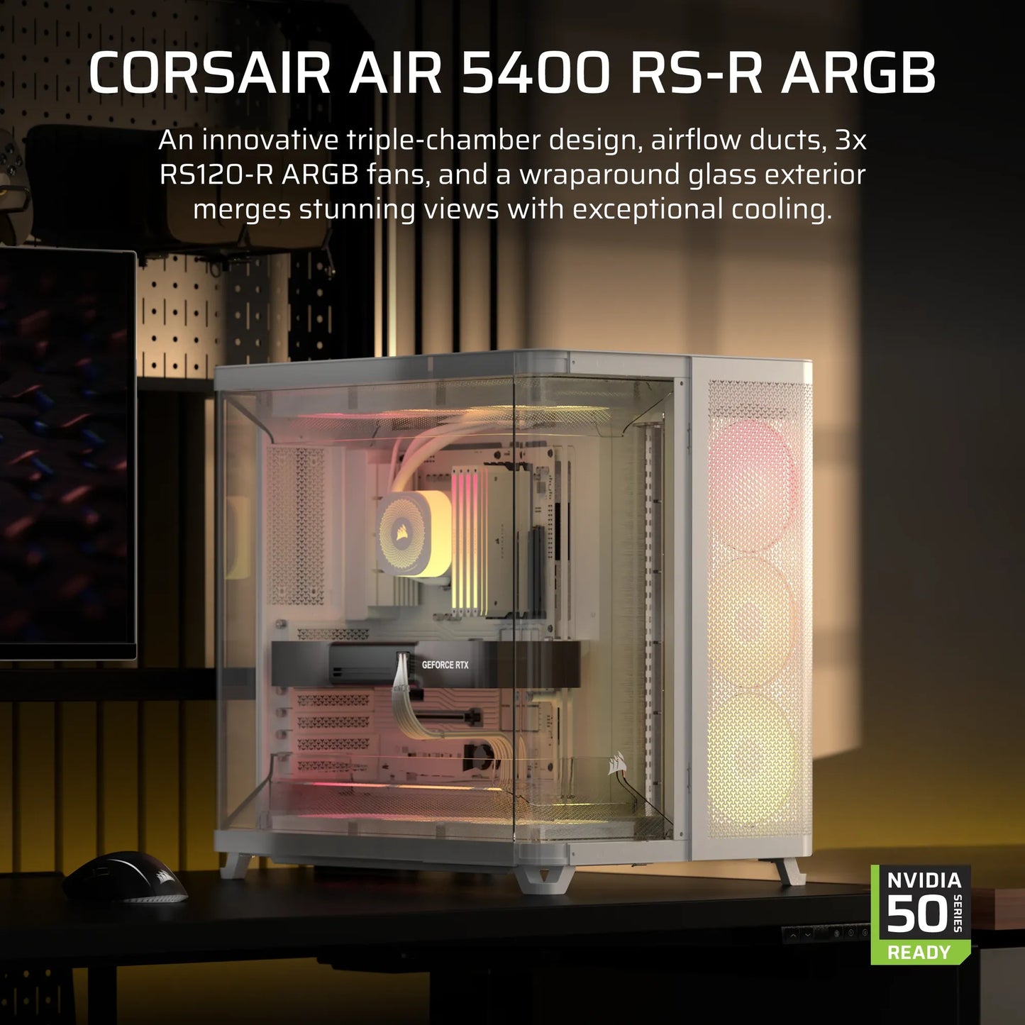 Corsair Air 5400 Rs-R ARGB Triple Chamber Mid-Tower PC Case ; 3X Fans Included; 2X 2.5'' ; 1X 3.5'' White image 2