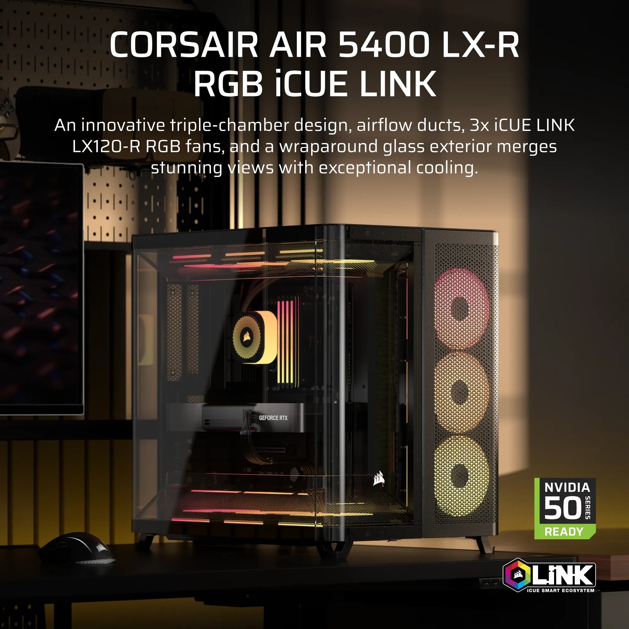 Corsair Air 5400 Lx-R RGB Icue Link Triple Chamber Mid-Tower PC Case ;3X Fans INCLUDED;2X 2.5'' ; 1X 3.5''; Black image 3
