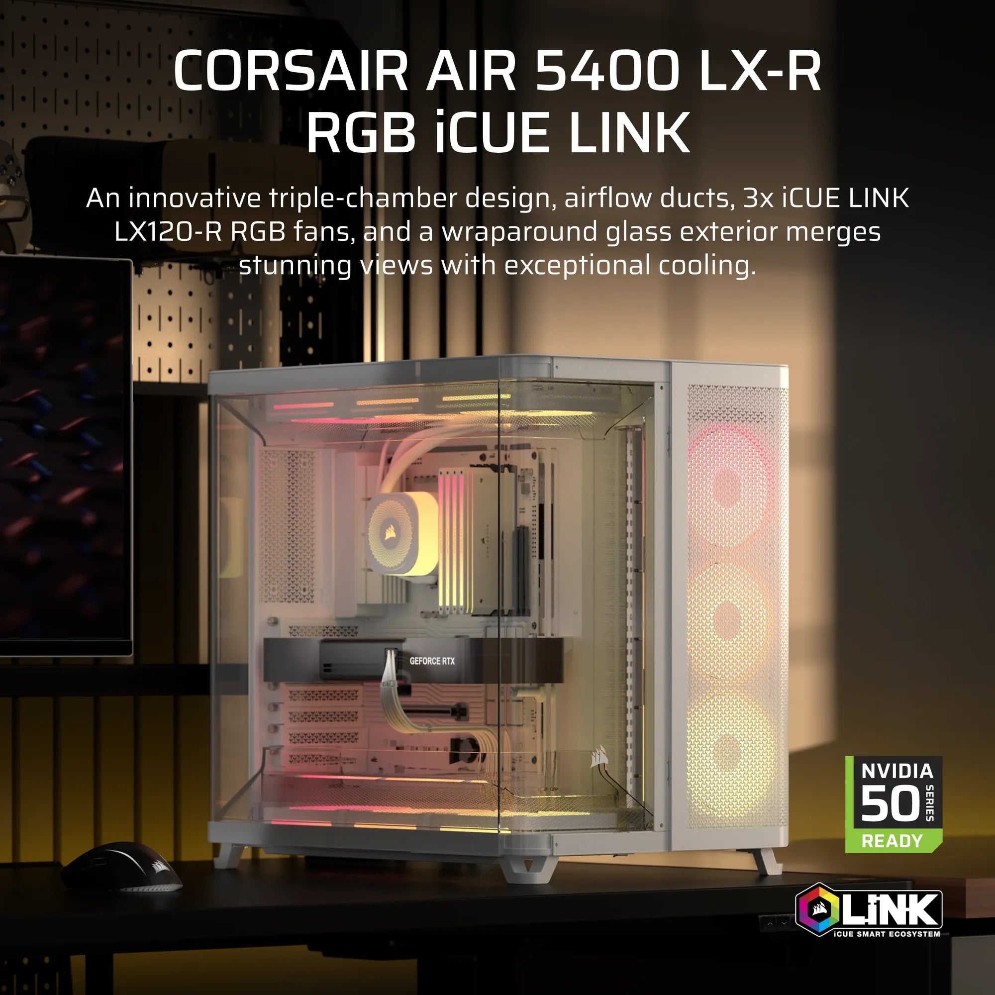 Corsair Air 5400 Lx-R RGB Icue Link Triple Chamber Mid-Tower PC Case ;3X Fans INCLUDED;2X 2.5'' ; 1X 3.5''; White image 4