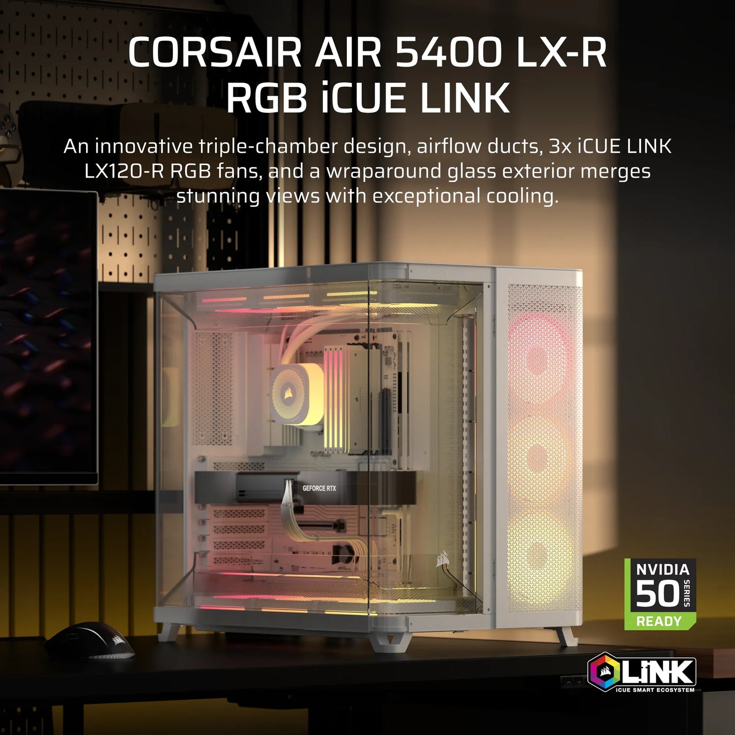 Corsair Air 5400 Lx-R RGB Icue Link Triple Chamber Mid-Tower PC Case ;3X Fans INCLUDED;2X 2.5'' ; 1X 3.5''; White image 4