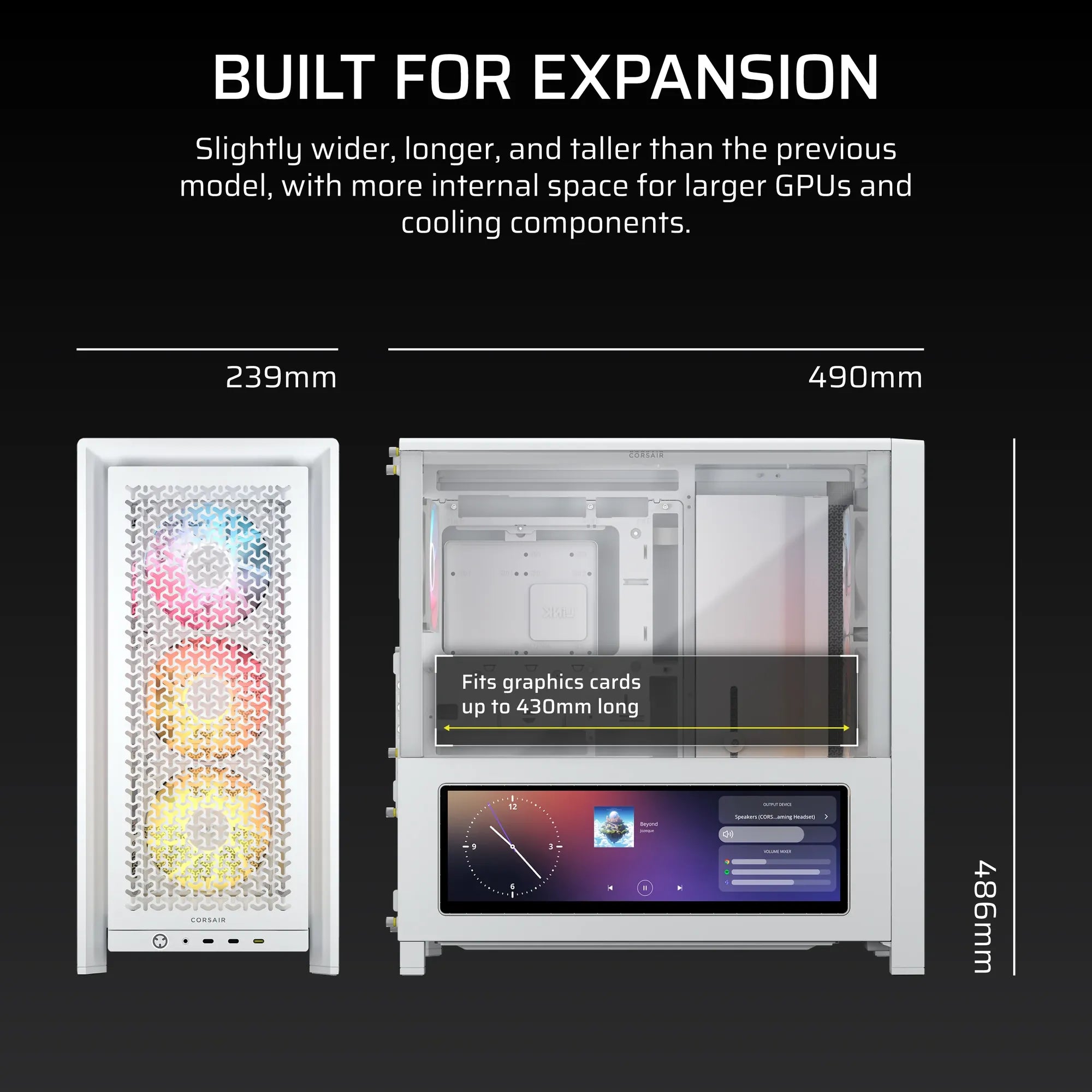 Corsair Frame 4000D Lcd RS ARGB Premium Mid-Tower PC Case; Includes 4X RS120 PWM ARGB Fans; Xeneon Edge; White. image 4