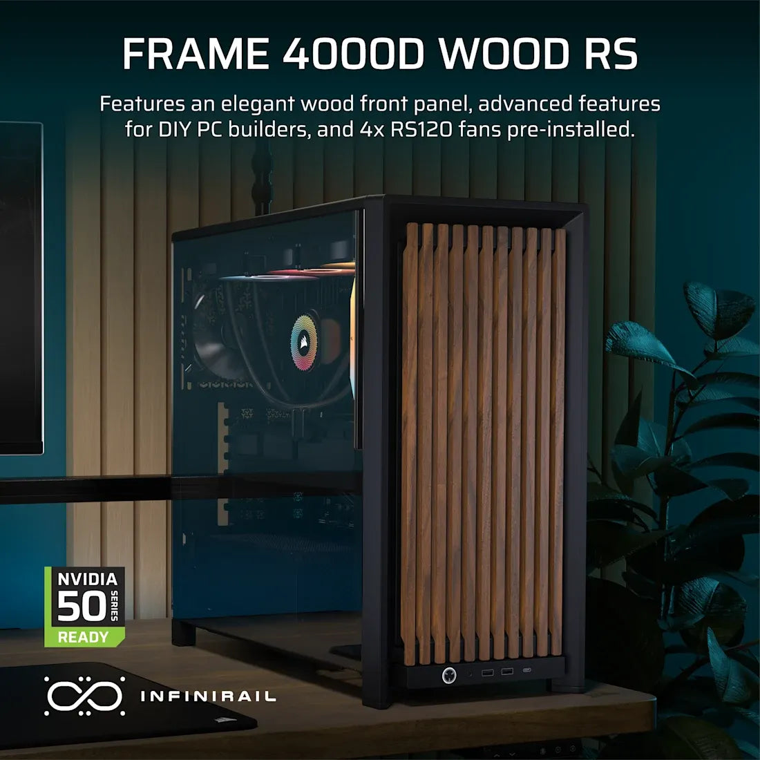 Corsair Frame 4000D RS Wood Modular High Airflow Mid-Tower PC Case; 4X RS Fans; Black & Walnut. image 2