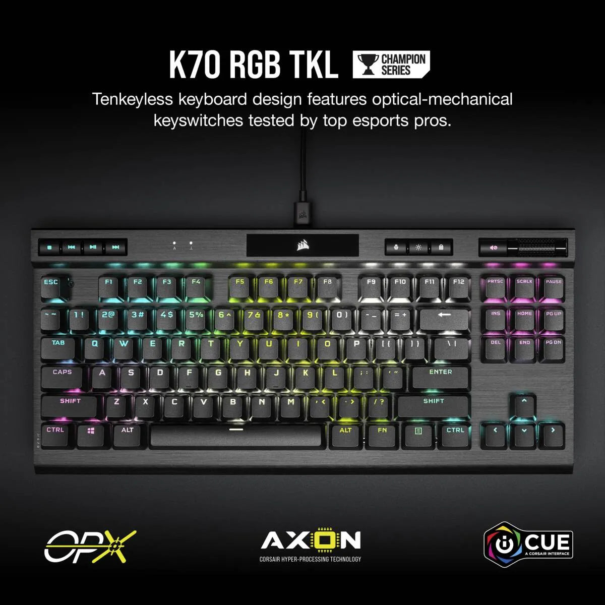 Corsair K70 RGB Tkl Optical-Mechanical Gaming Keyboard; Backlit RGB LED; Corsair Opx Keyswitches; Black image 2