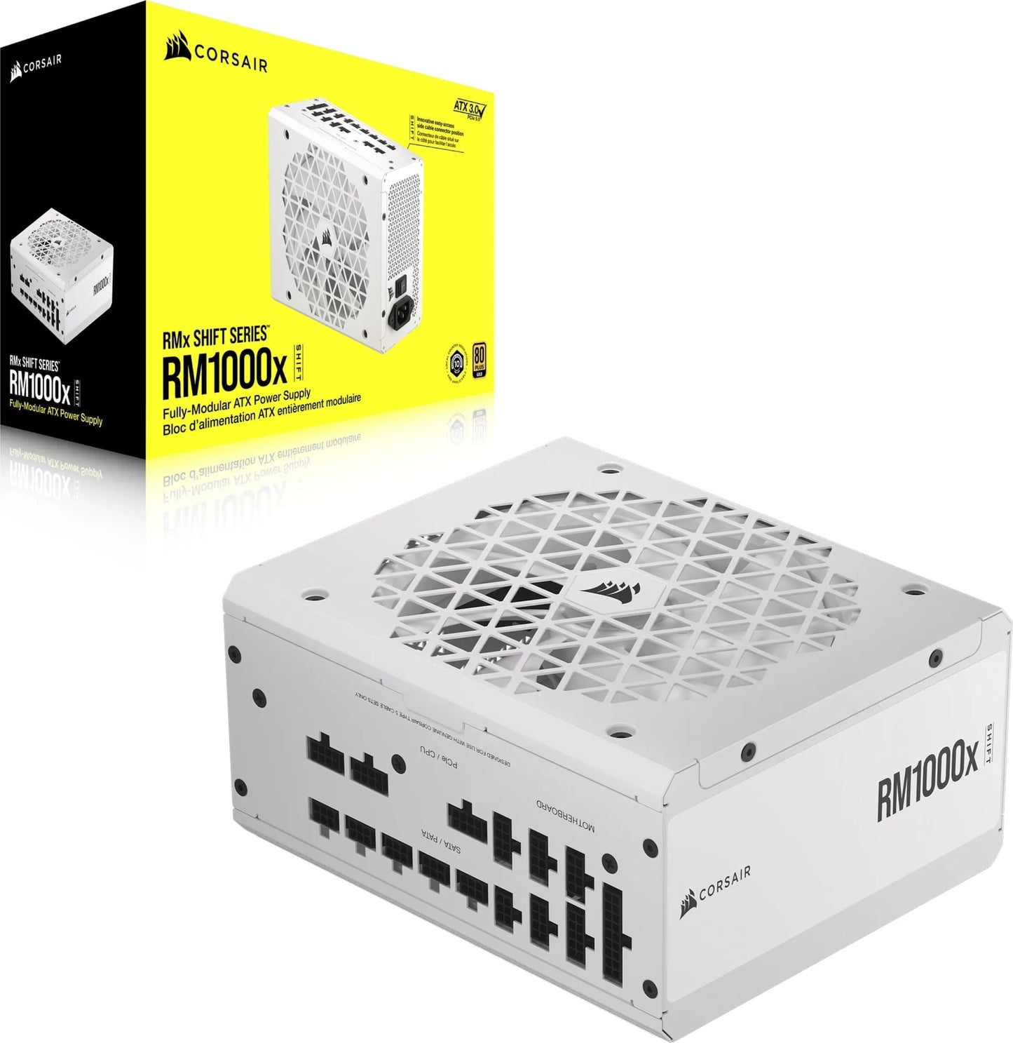 Corsair RM1000X Shift White —1000 Watt 80 Plus GOLD;10YR Warranty. ATX (1); EPS (2);PCI-E (4);12VHPWR (1);PATA (8);SATA (12)