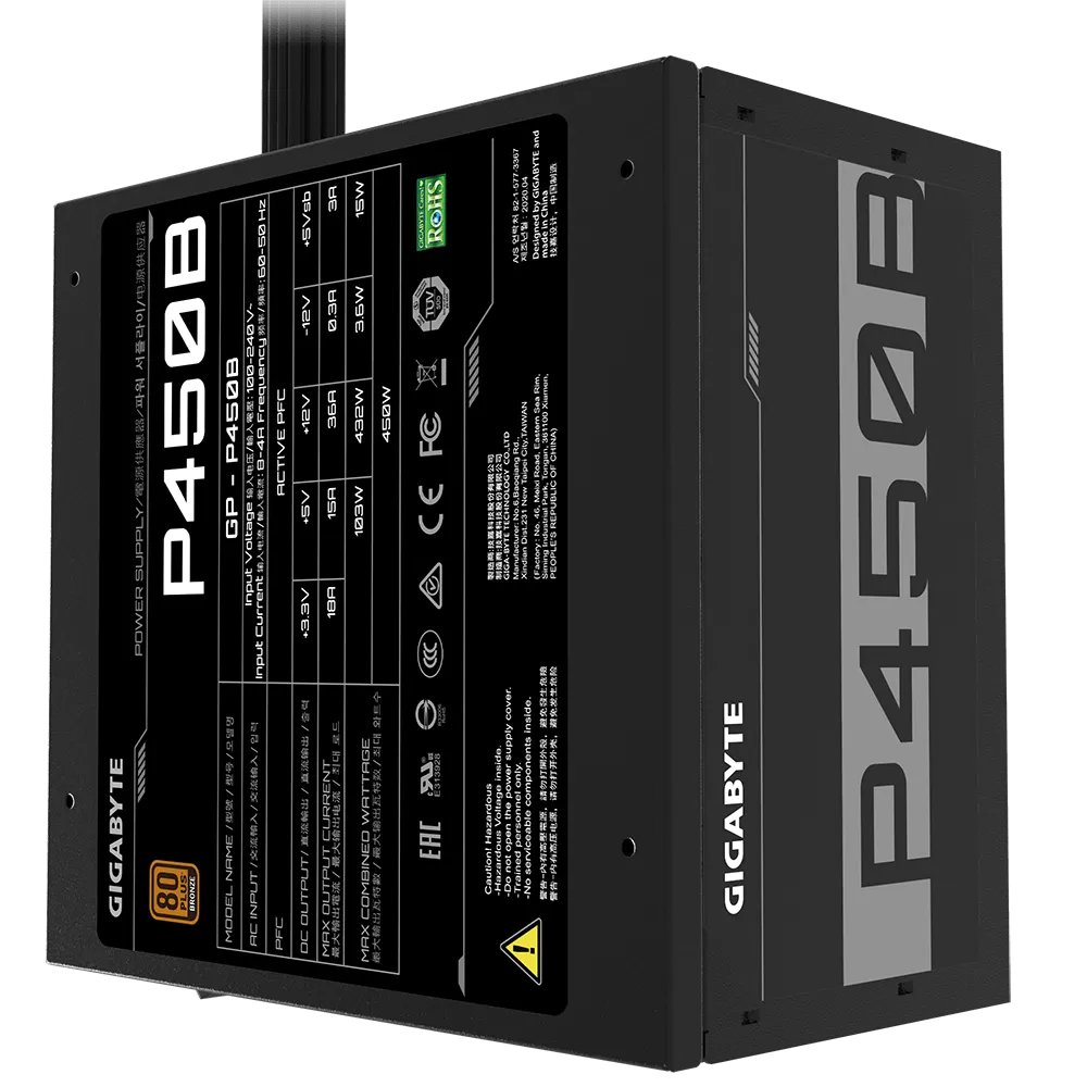 Gigabyte PSU P450B Bronze Certified 450W 3 Year Warranty; 24/20-PIN X 1; CPU 4+4-PIN X 1; PCI-E 6+2-PIN X 2; SATA X 6; Peri X3 image 5