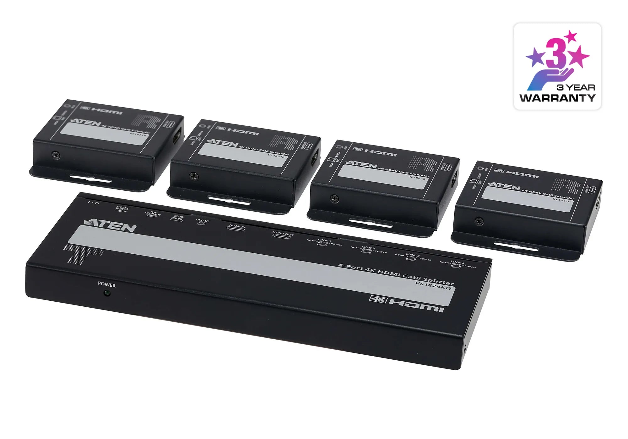 Aten 4-PORT 4K HDMI Cat 6 Splitter With Receivers 1 Splitter And 4 Receivers