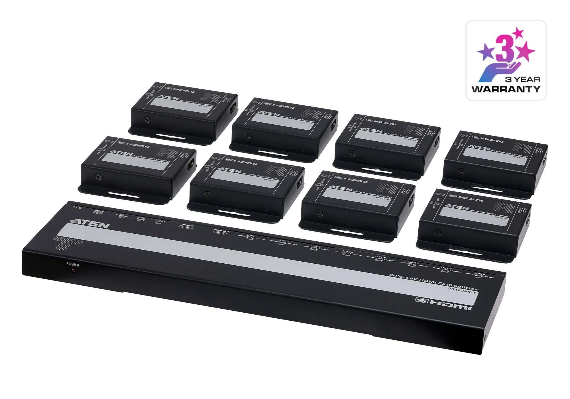 Aten 4-PORT 4K HDMI Cat 6 Splitter With Receivers 1 Splitter And 8 Receivers