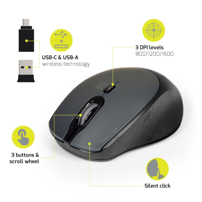 Port Connect Silent 1600DPI 3 Button Wireless Mouse Black image 3