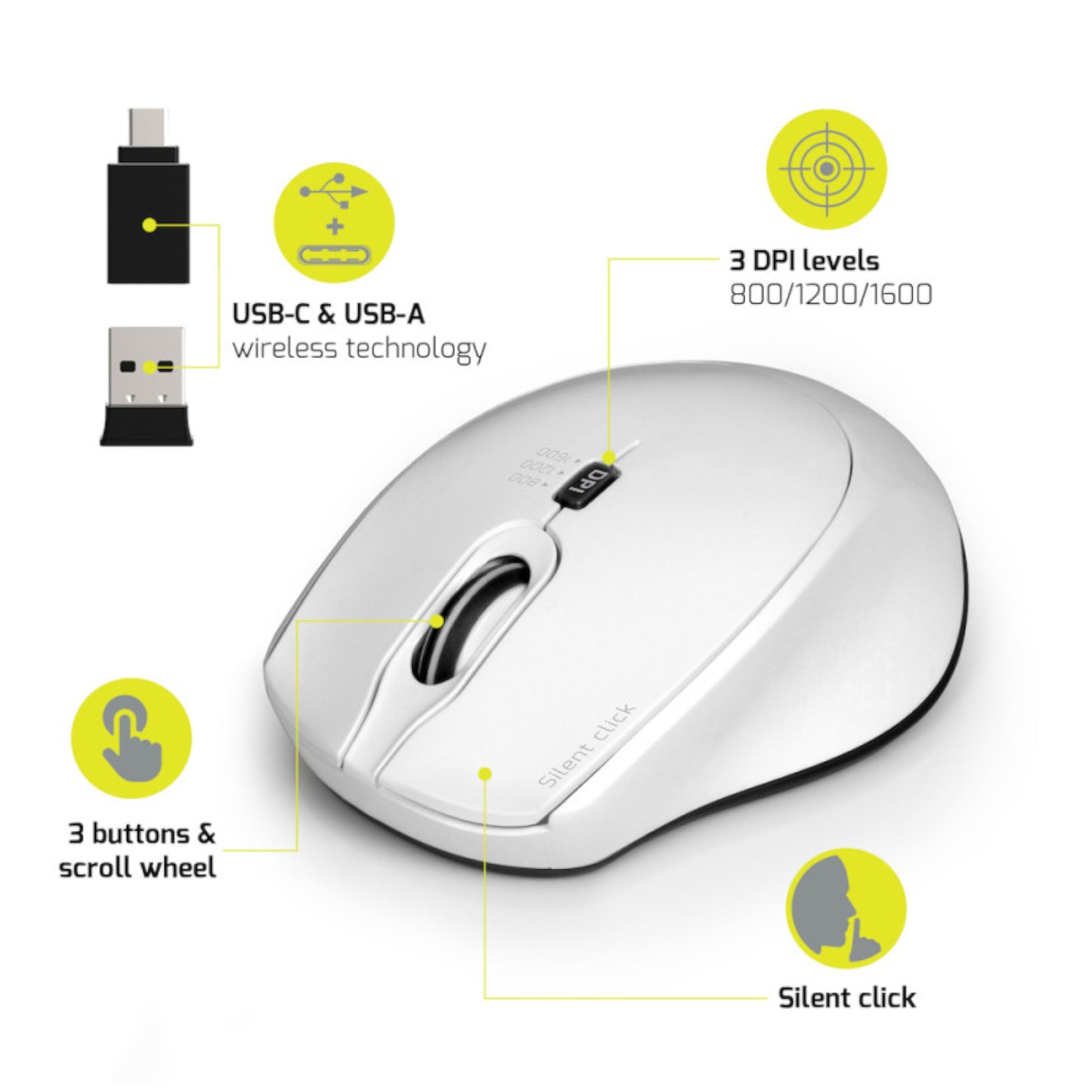 Port Connect Silent 1600DPI 3 Button Wireless Mouse White image 3