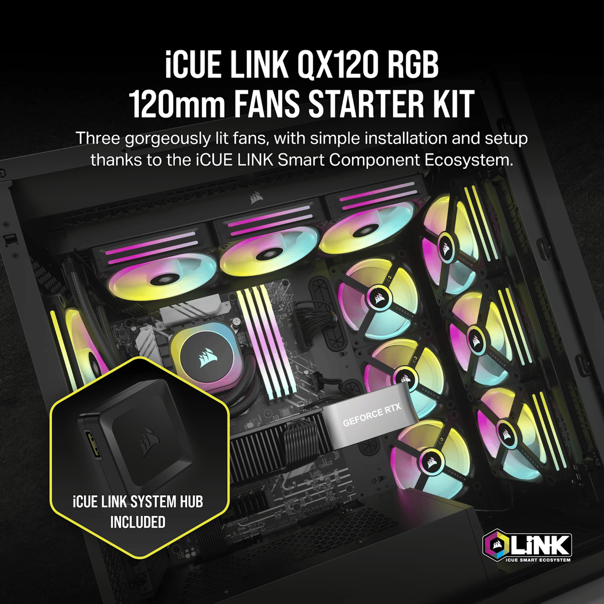 Corsair Icue Link QX120 RGB 120MM PWM PC Fans Starter Kit With Icue Link System Hub image 5