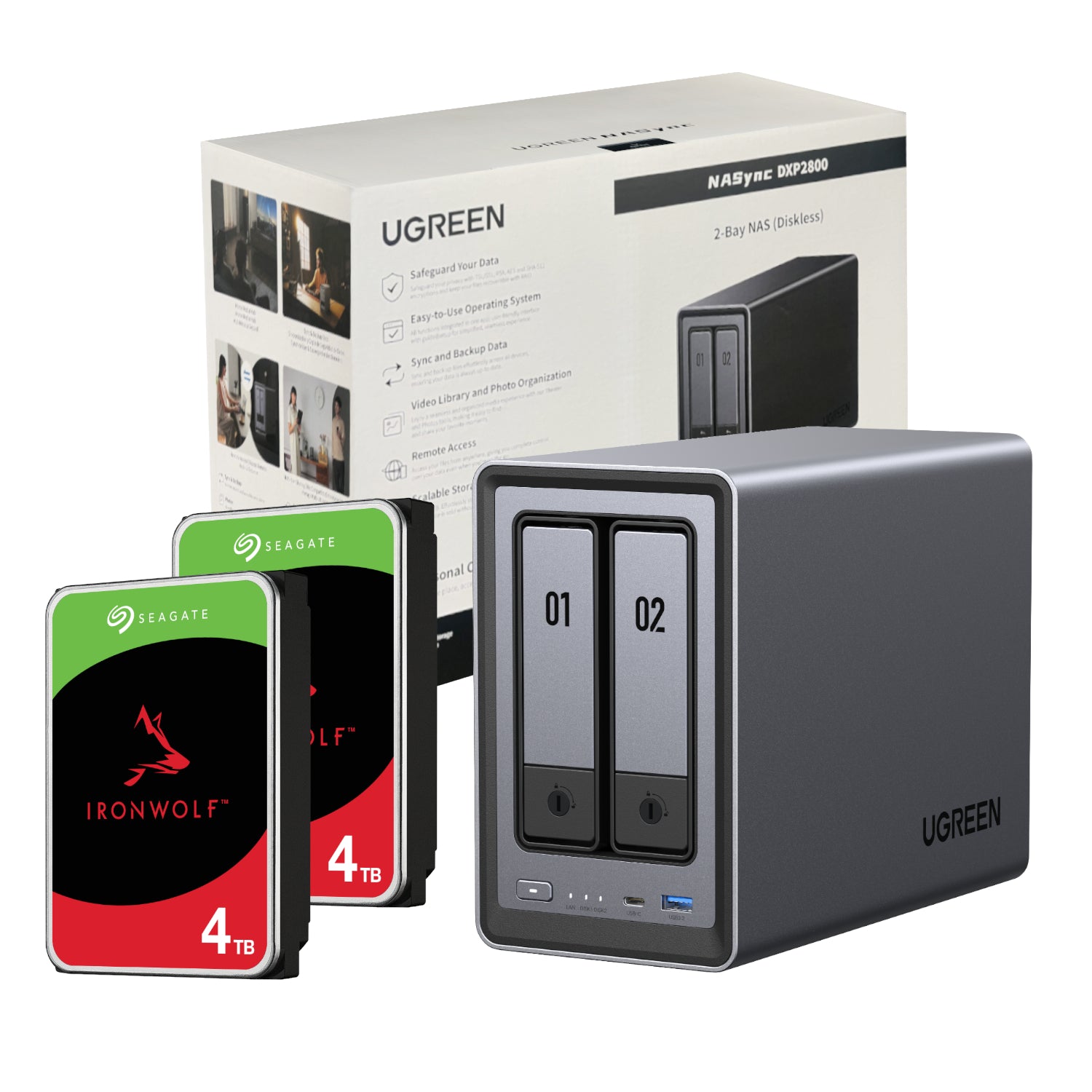 Ugreen Nasync DXP2800 2 Bay Nas With Seagate Ironwolf Nas 8TB SATA Hard Drive Bundle (2X 4TB)
