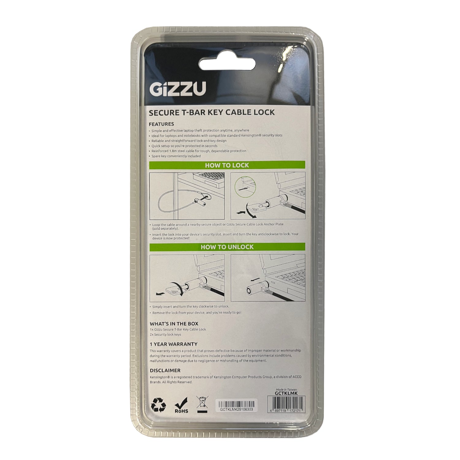 Gizzu 1.8M T-Bar Laptop Cable Lock Master Key Compatible image 3
