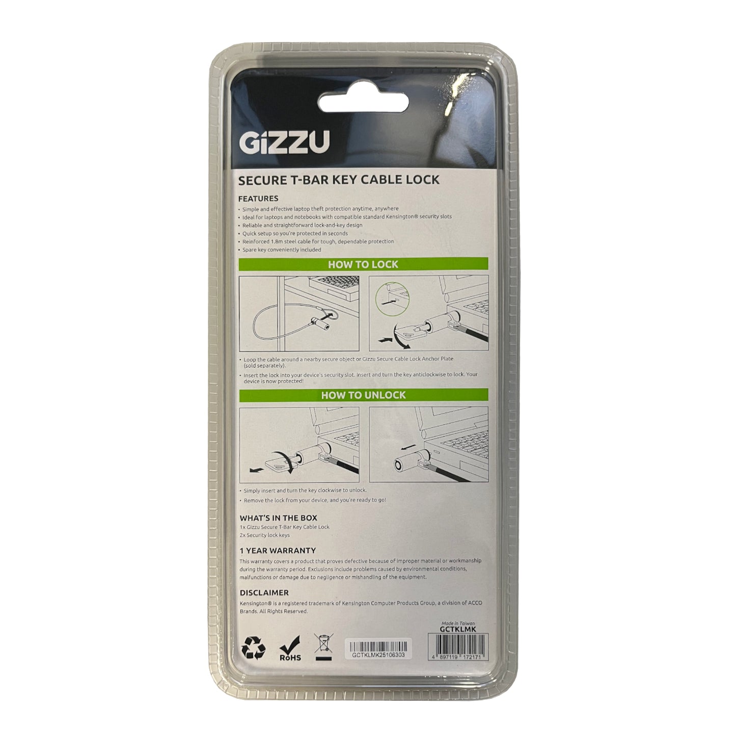 Gizzu 1.8M T-Bar Laptop Cable Lock Master Key Compatible image 3
