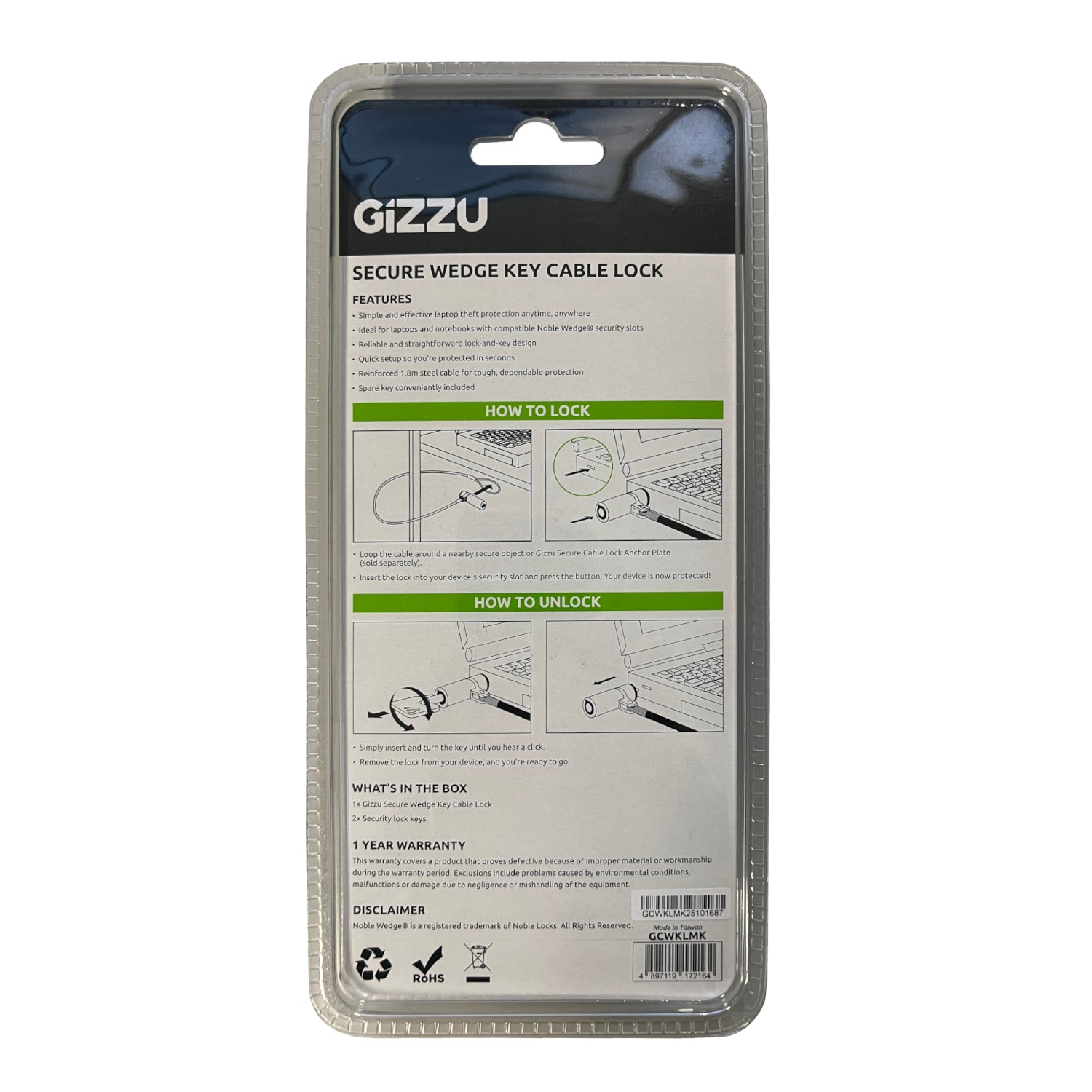 Gizzu 1.8M Wedge Cable Lock image 3