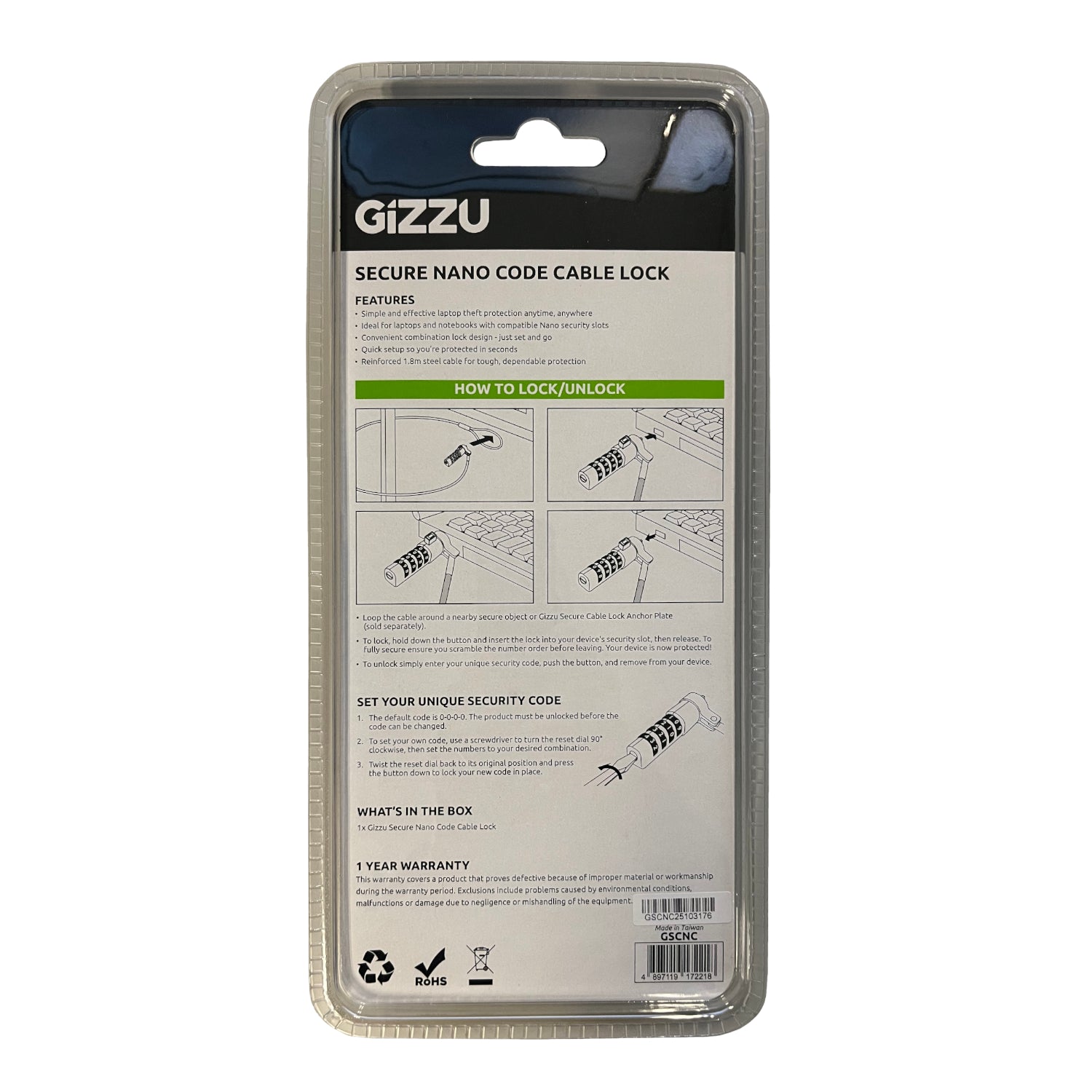 Gizzu 1.8M Nano Combination Lock Security Cable image 3