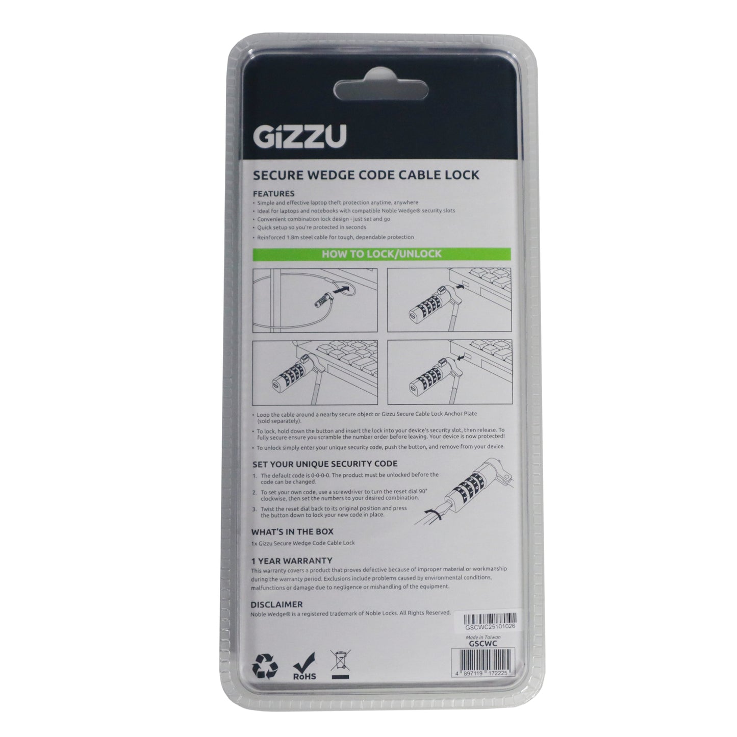 Gizzu Secure Wedge Code Cable Lock 1.8M image 3