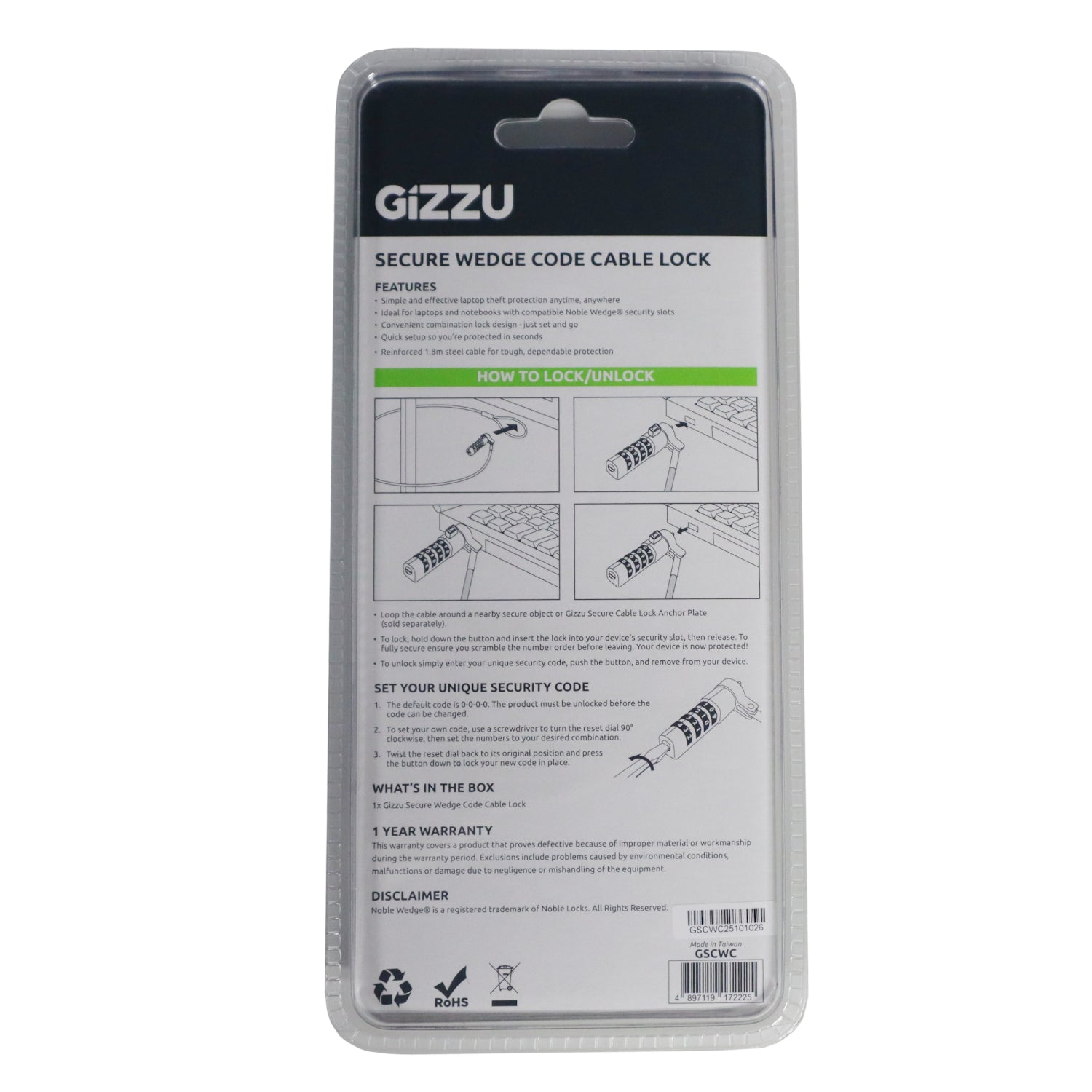 Gizzu Secure Wedge Code Cable Lock 1.8M image 3