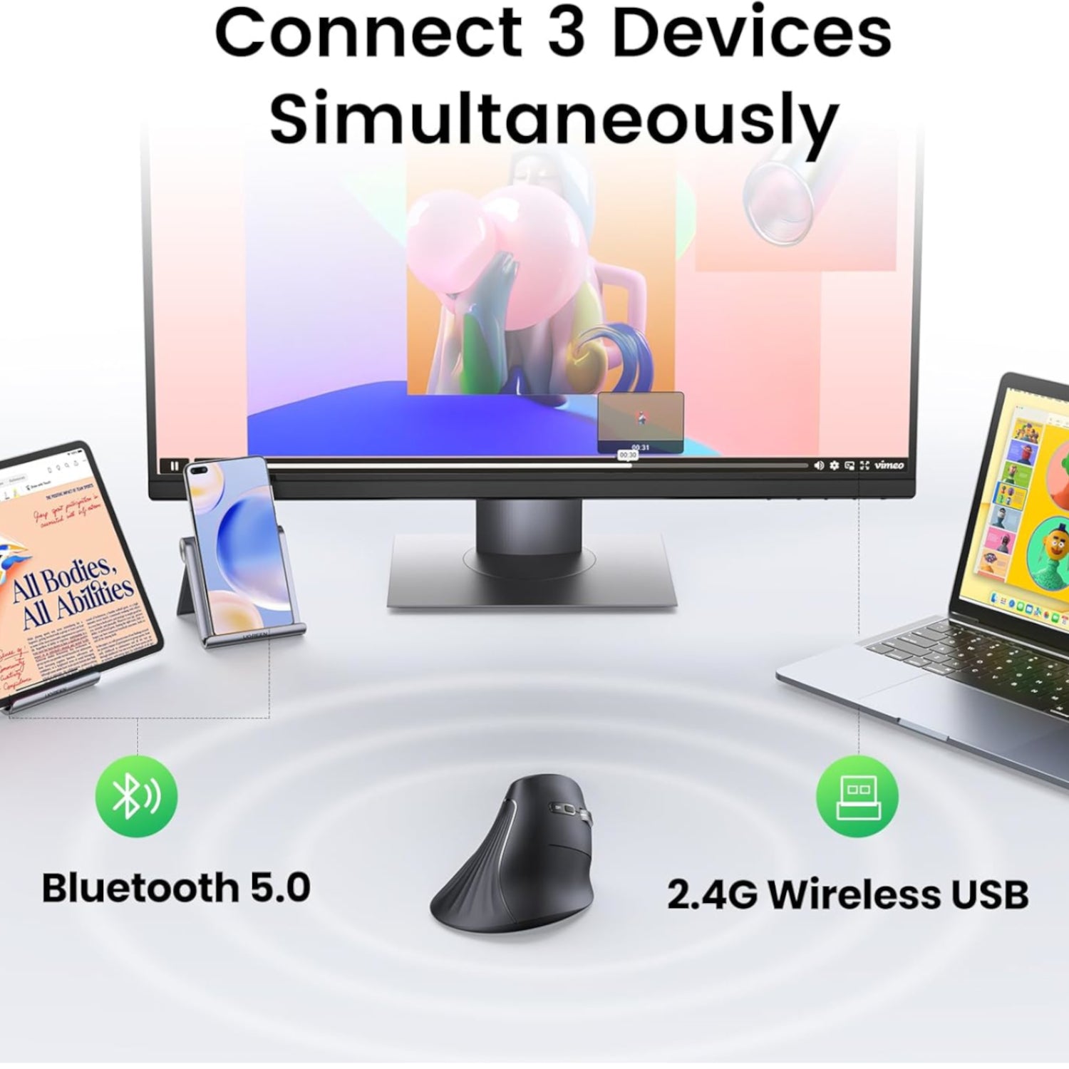 Ugreen Multi-Mode Vertical Mouse Bluetooth And 2.4G Wireless–black image 5