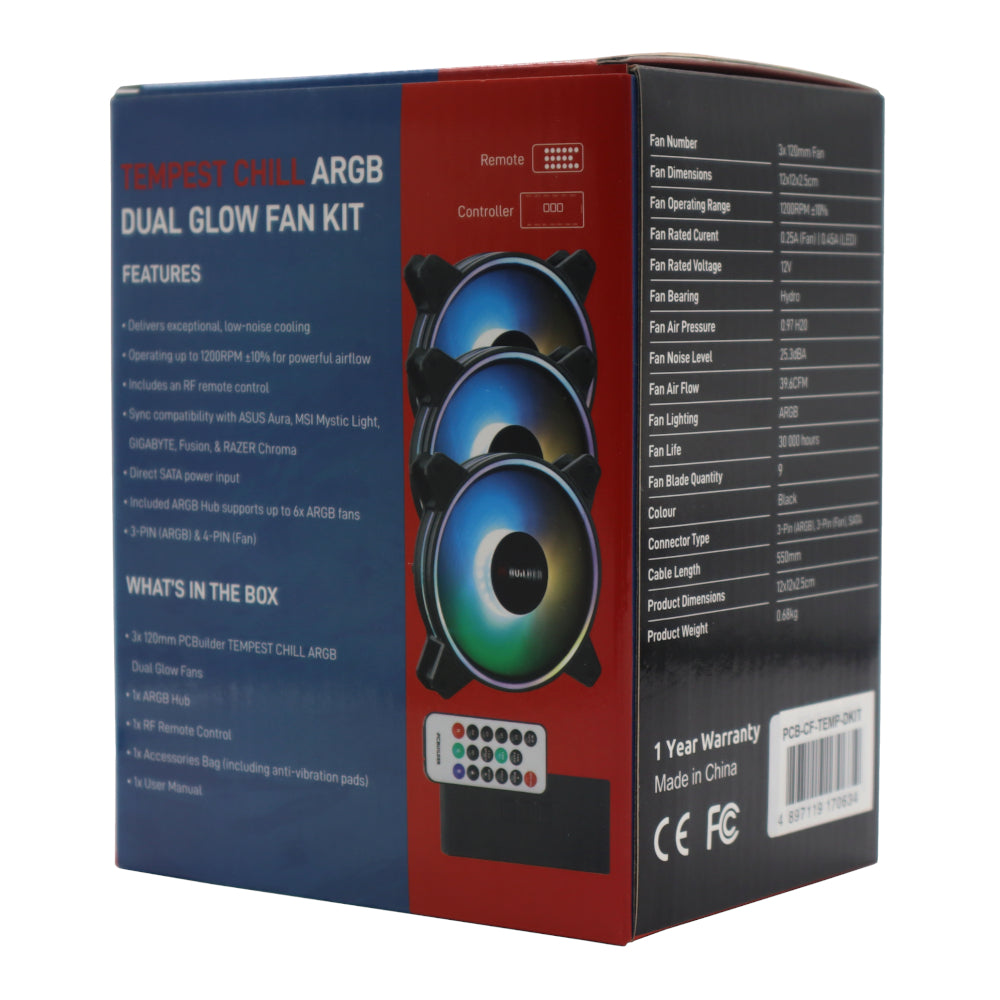 Pcbuilder Tempest Chill Fan Kit 3X120MM Dual Glow ARGB Fan + Controller + Rf Remote image 4
