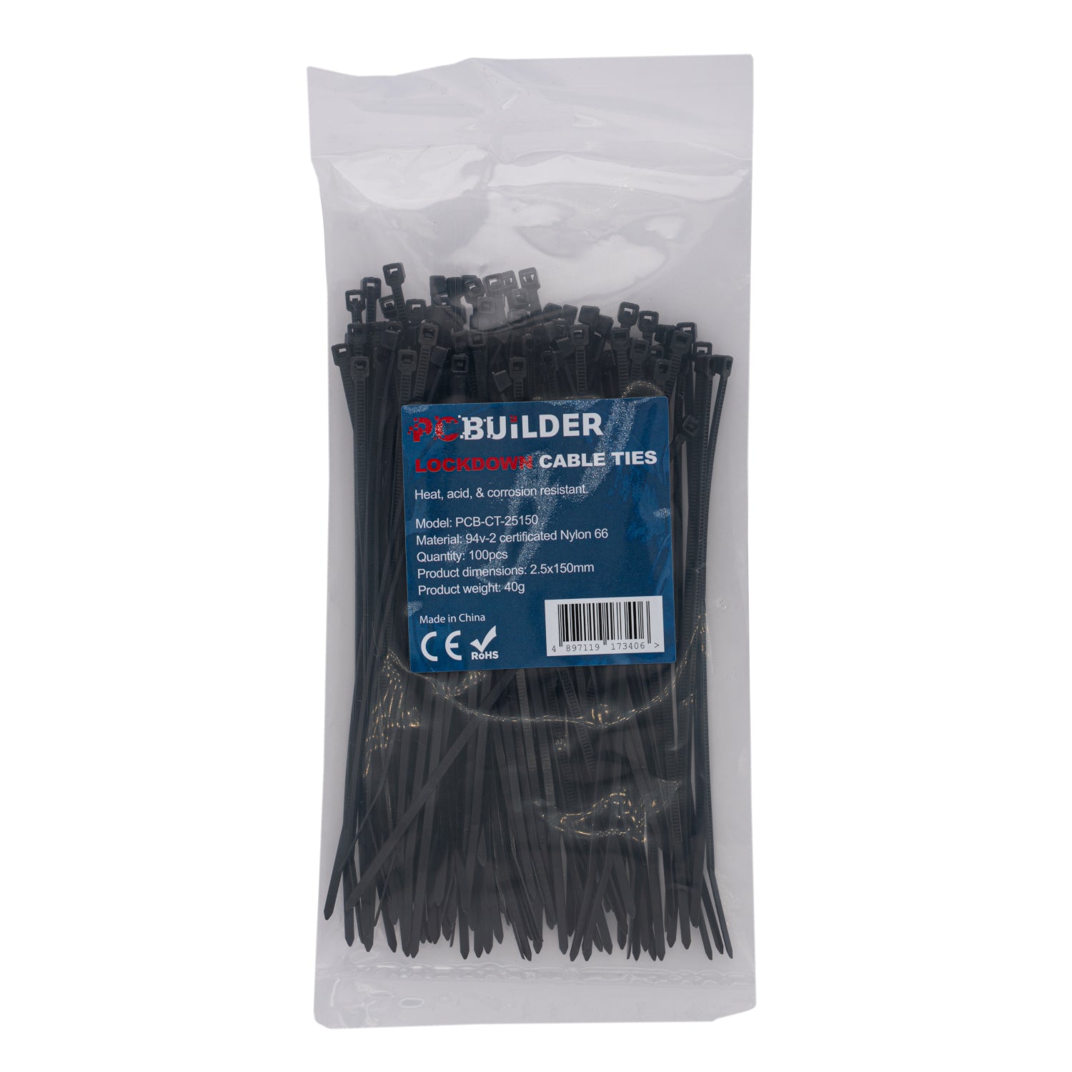 Pcbuilder Lockdown 150MM Cable Ties (100 Pcs) Black