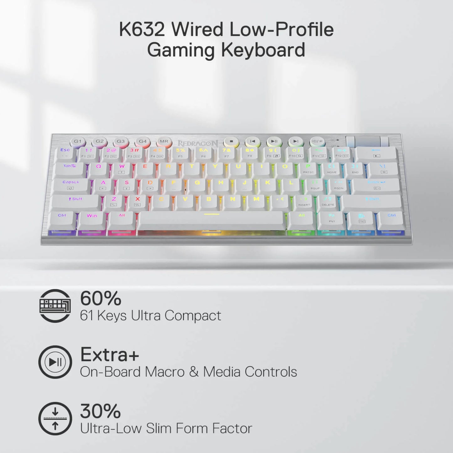 Redragon K632 Horus Mini 60% RGB Wired Gaming Keyboard – White image 3