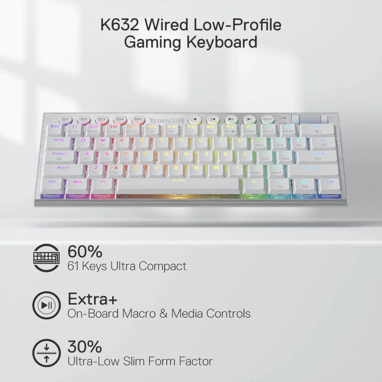 Redragon K632 Horus Mini 60% RGB Wired Gaming Keyboard – White image 3