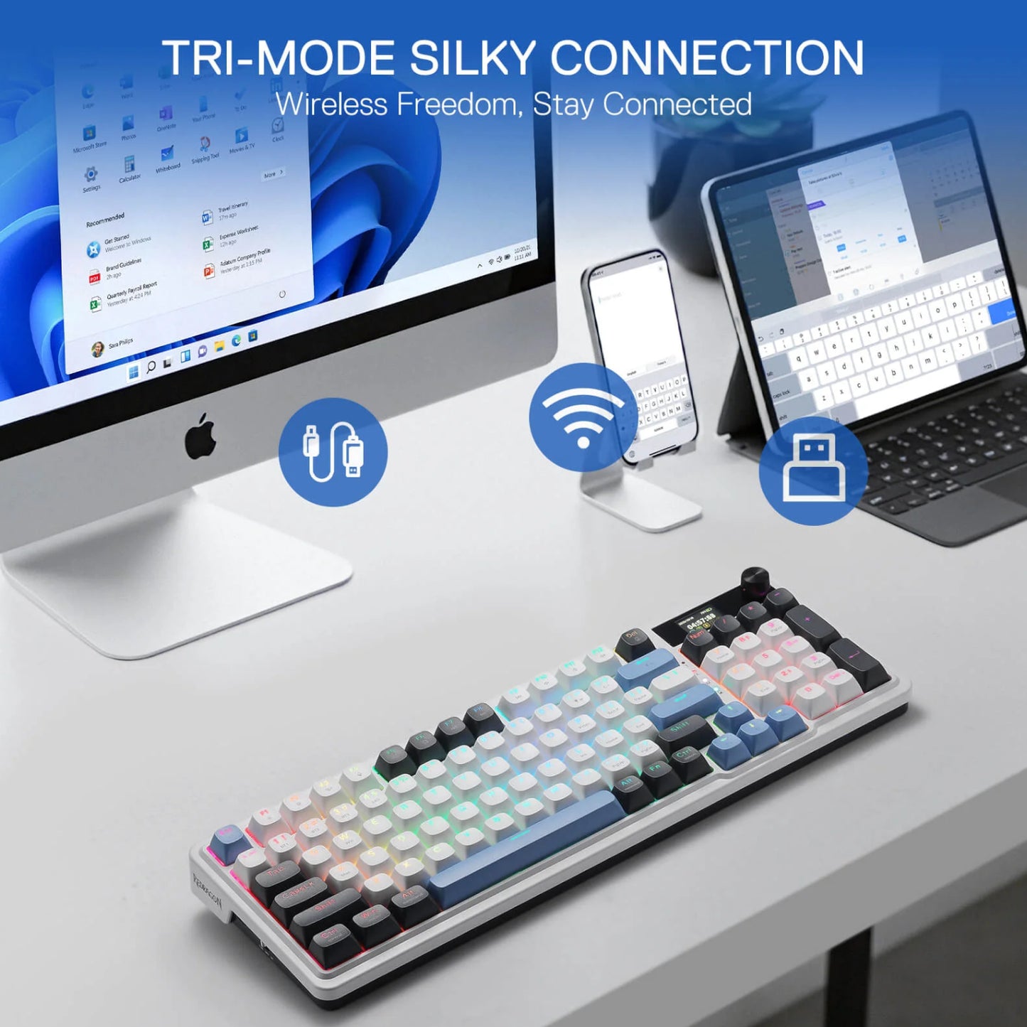 Redragon K719WGB Galatin RGB Pro Full Sized Wireless Gaming Keyboard White image 2