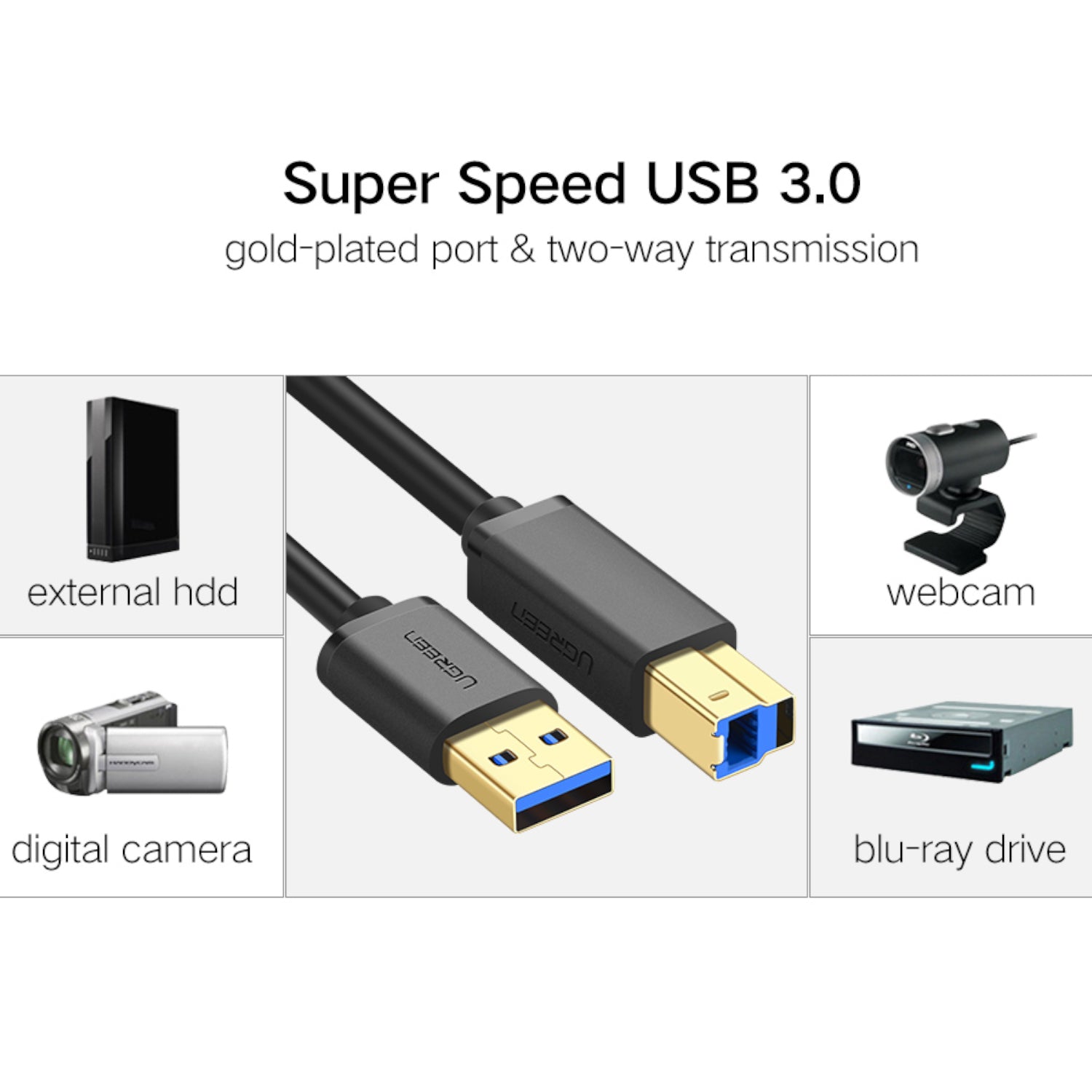 Ugreen US210 Usb-A Printer Cable 2M Black image 3
