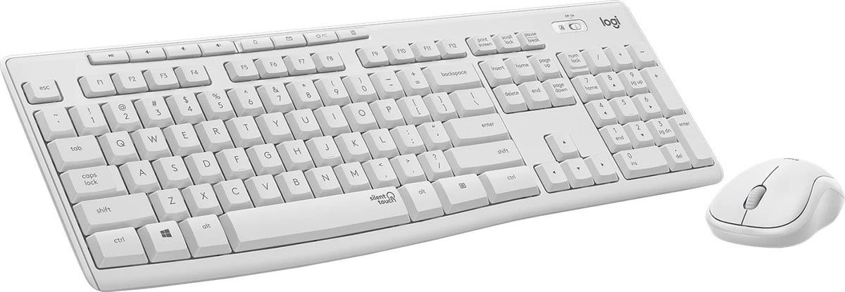 Logitech Full-Size Kbm Combo. Silenttouch Technology. 90% Less Typing Noise. 2.4GHZ Connection. Long Battery Life. 10-METER Range, Spill-Resistant Ke