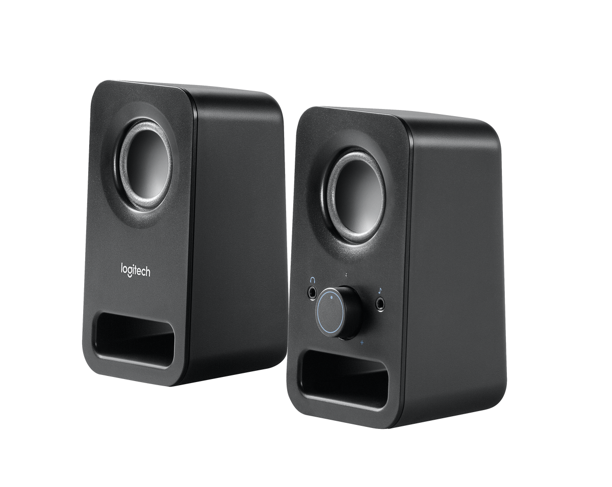 Logitech Compact Stereo Speakers With 6W Peak Power. Dual Input (3.5 MM + Aux) For Connecting Two Devices. Front-Facing Volume And Headphone Jack.