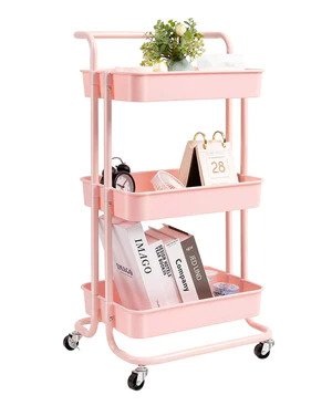 Monaco 3 Tier Kitchen Stoarge Rack With Wheels - Pink - TechTic